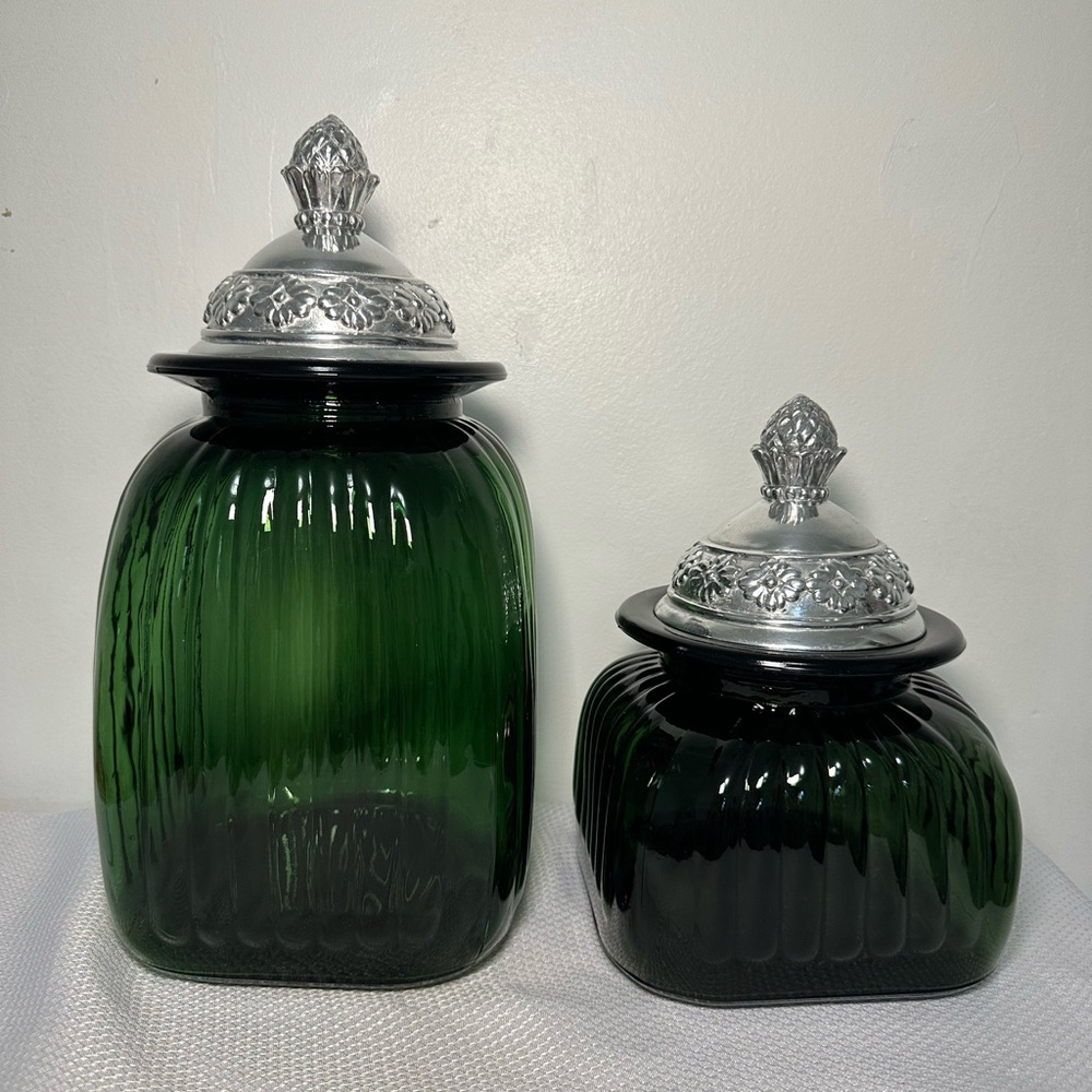 ArtLand Apothecary Green Glass Jar Canister ARTLAND Pewter Pineapple lid x2 RARE